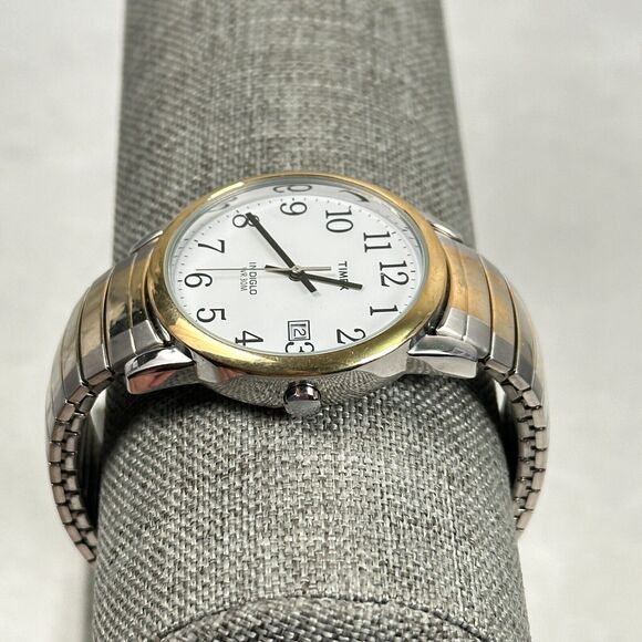Timex Watch 35mm Date Indiglo Two Tone Stretchy Casual Classic New Battery - Picture 4 of 16